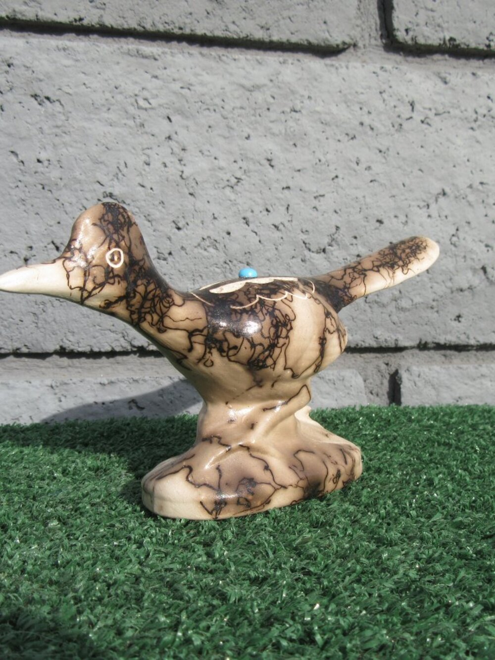 Native American Pottery Road Runner Horse Hair Raku Sculpture Figure Roadrunner